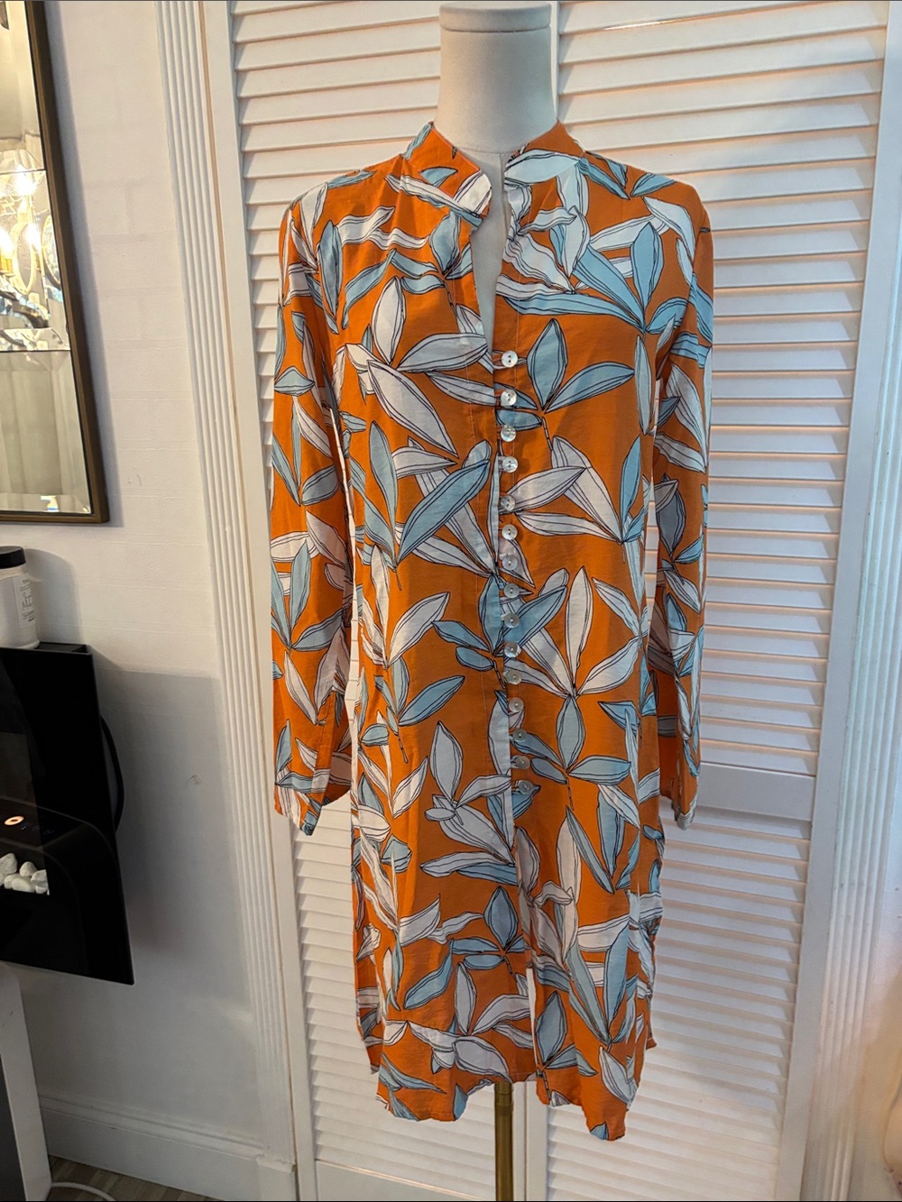 Orange Leaf-Print Long Sleeve Tunic Dress